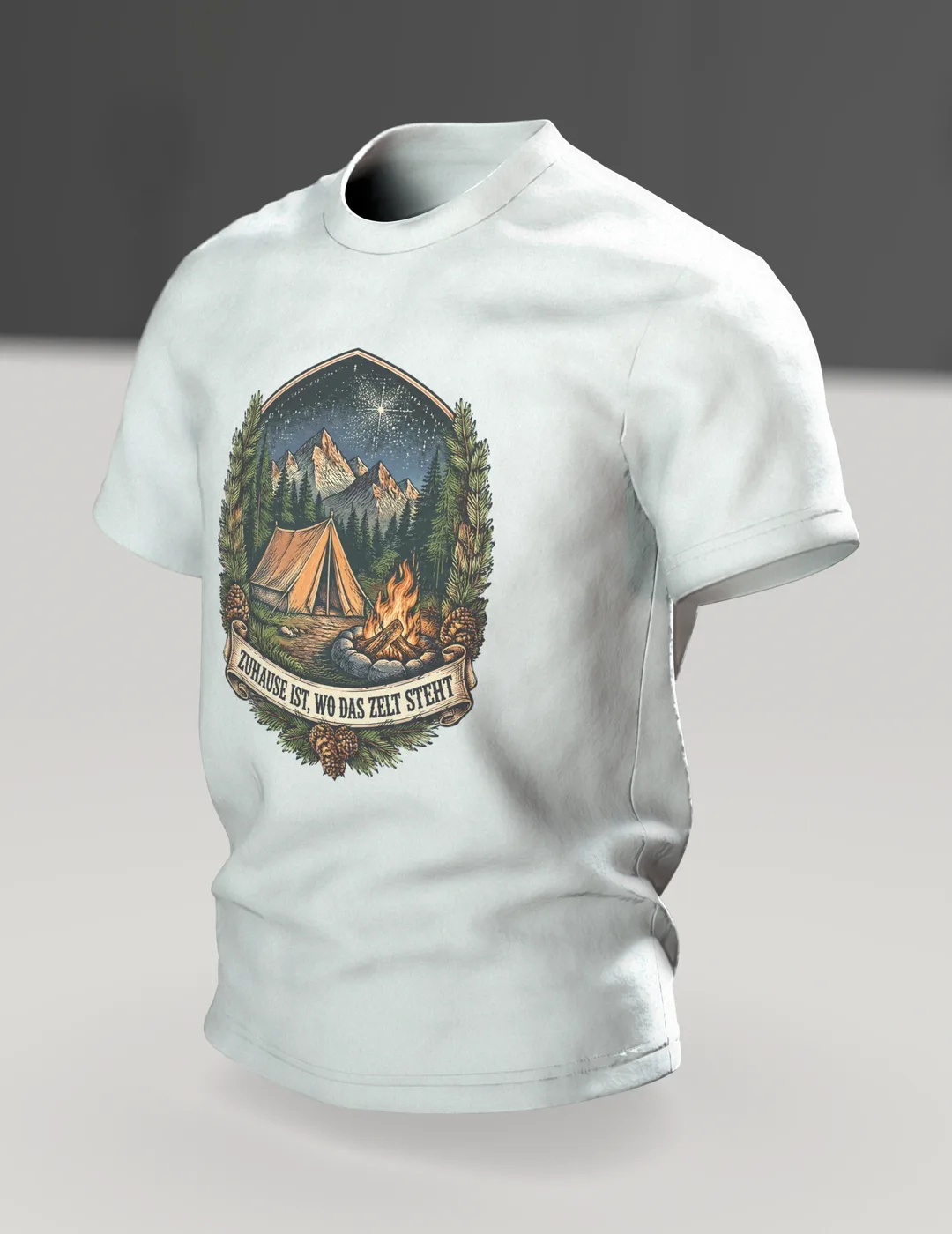 Zelt Wappen T-Shirt „ZUHAUSE IST, WO DAS ZELT STEHT“ mit Lagerfeuer, Bergen und Sternenhimmel, Camping Geschenk für Männer, Im Raum, schräg
