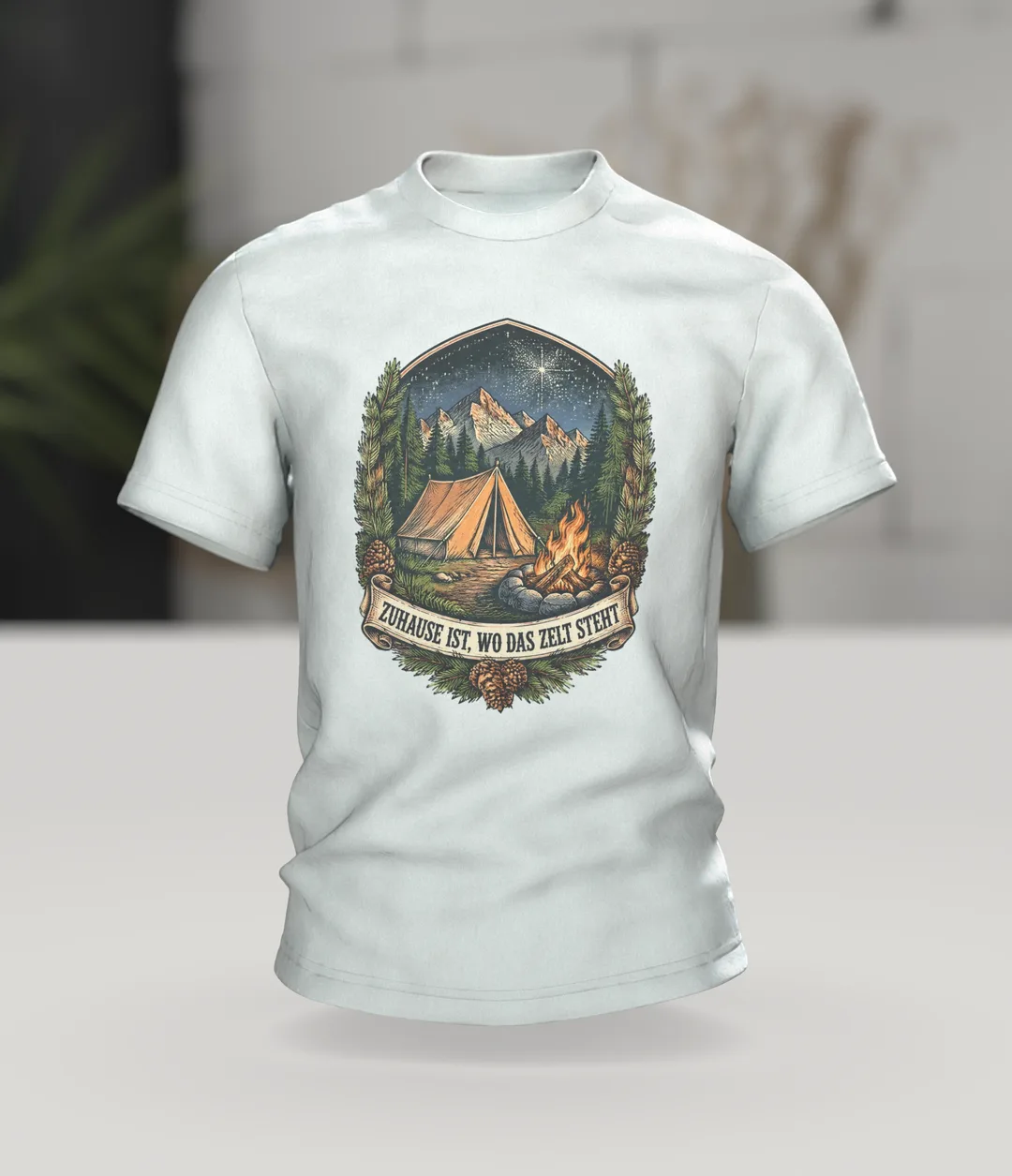 Zelt Wappen T-Shirt „ZUHAUSE IST, WO DAS ZELT STEHT“ mit Lagerfeuer, Bergen und Sternenhimmel, Camping Geschenk für Männer, Im Raum