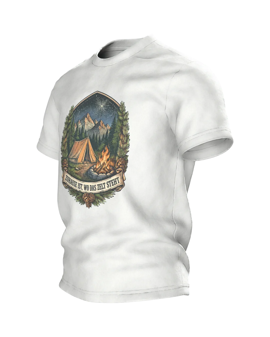 Zelt Wappen T-Shirt „ZUHAUSE IST, WO DAS ZELT STEHT“ mit Lagerfeuer, Bergen und Sternenhimmel, Camping Geschenk für Männer, Seitenansicht rechts