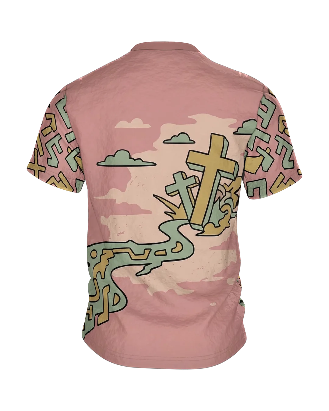 Surreale Kreuze T-Shirt, Traumlandschaft mit Zeichenfluss in Pastell als Allover, Rückseite