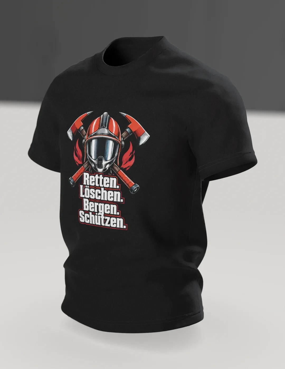 Feuerwehr T-Shirt „Retten. Löschen. Bergen. Schützen.“, Im Raum, schräg