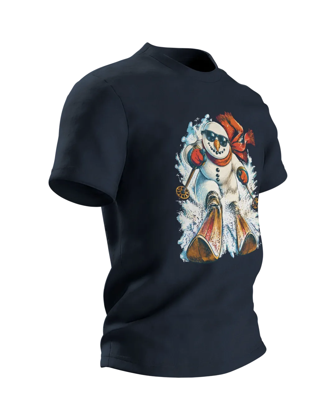 Snowman T-Shirt: Downhill in Sunglasses, Styled Like a Retro Ski Poster, Side view, left