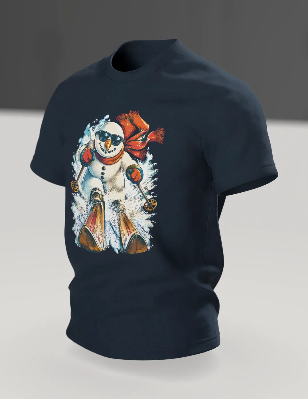 Snowman T-Shirt: Downhill in Sunglasses, Styled Like a Retro Ski Poster, In context, angled