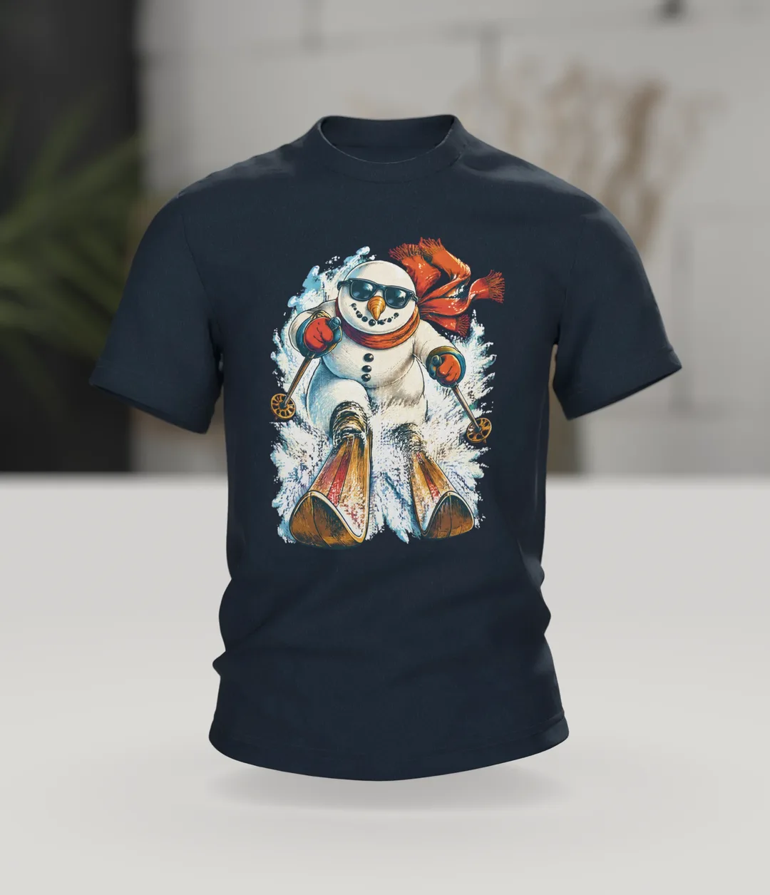 Snowman T-Shirt: Downhill in Sunglasses, Styled Like a Retro Ski Poster, In context