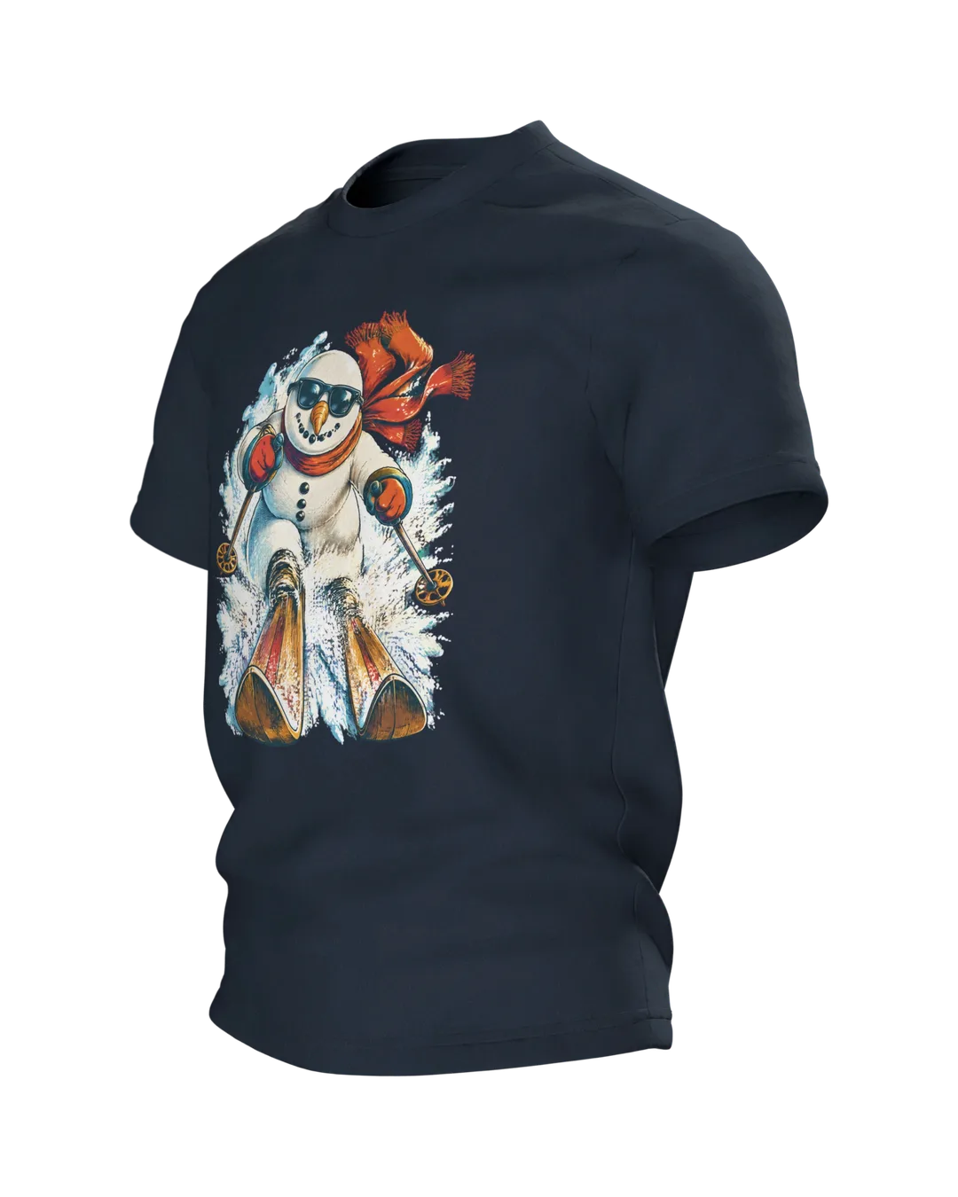 Snowman T-Shirt: Downhill in Sunglasses, Styled Like a Retro Ski Poster, Side view, right