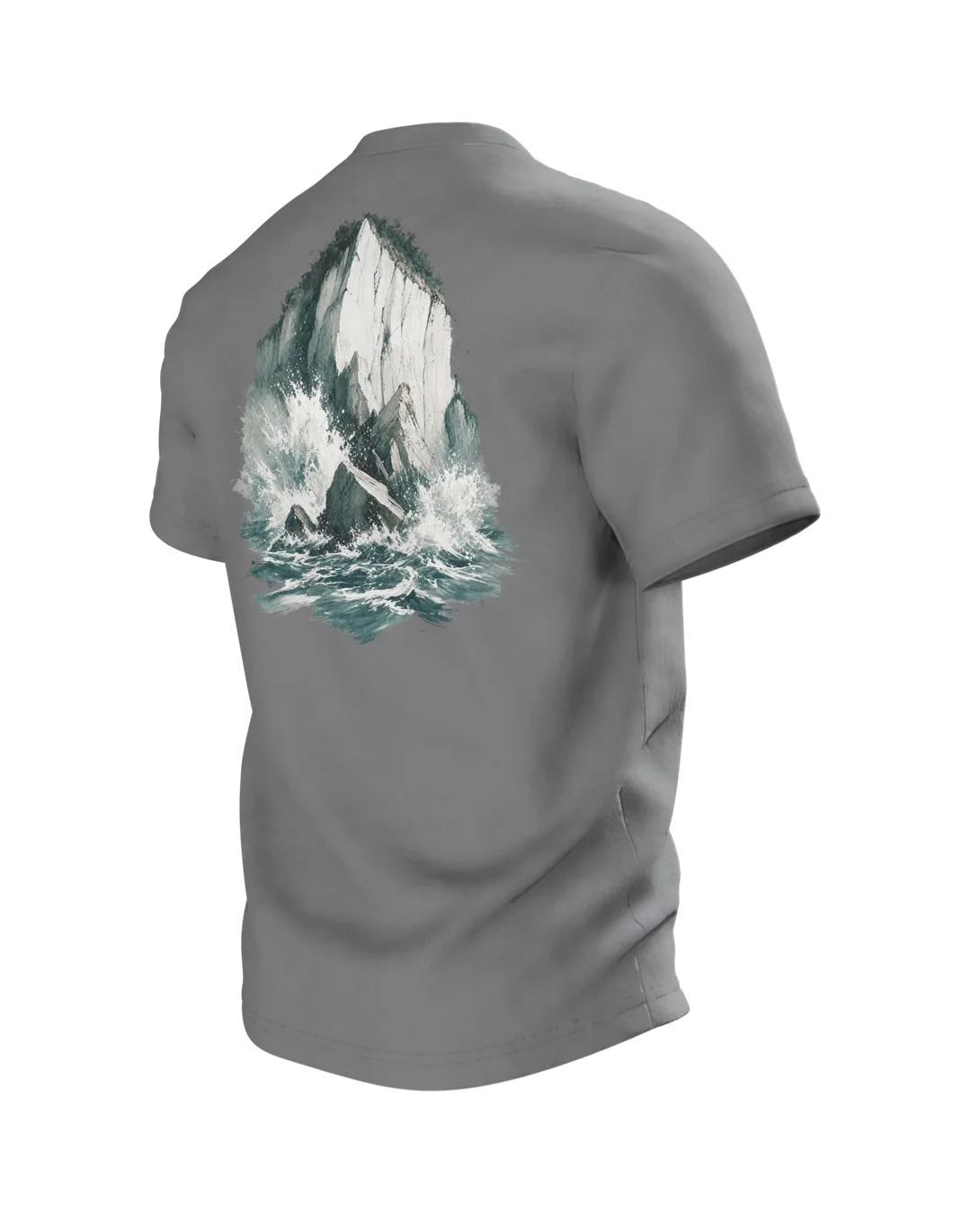 Stevns Klint T-shirt, Chalk Cliff as a Sailing Ship in Watercolor, Back, angled left