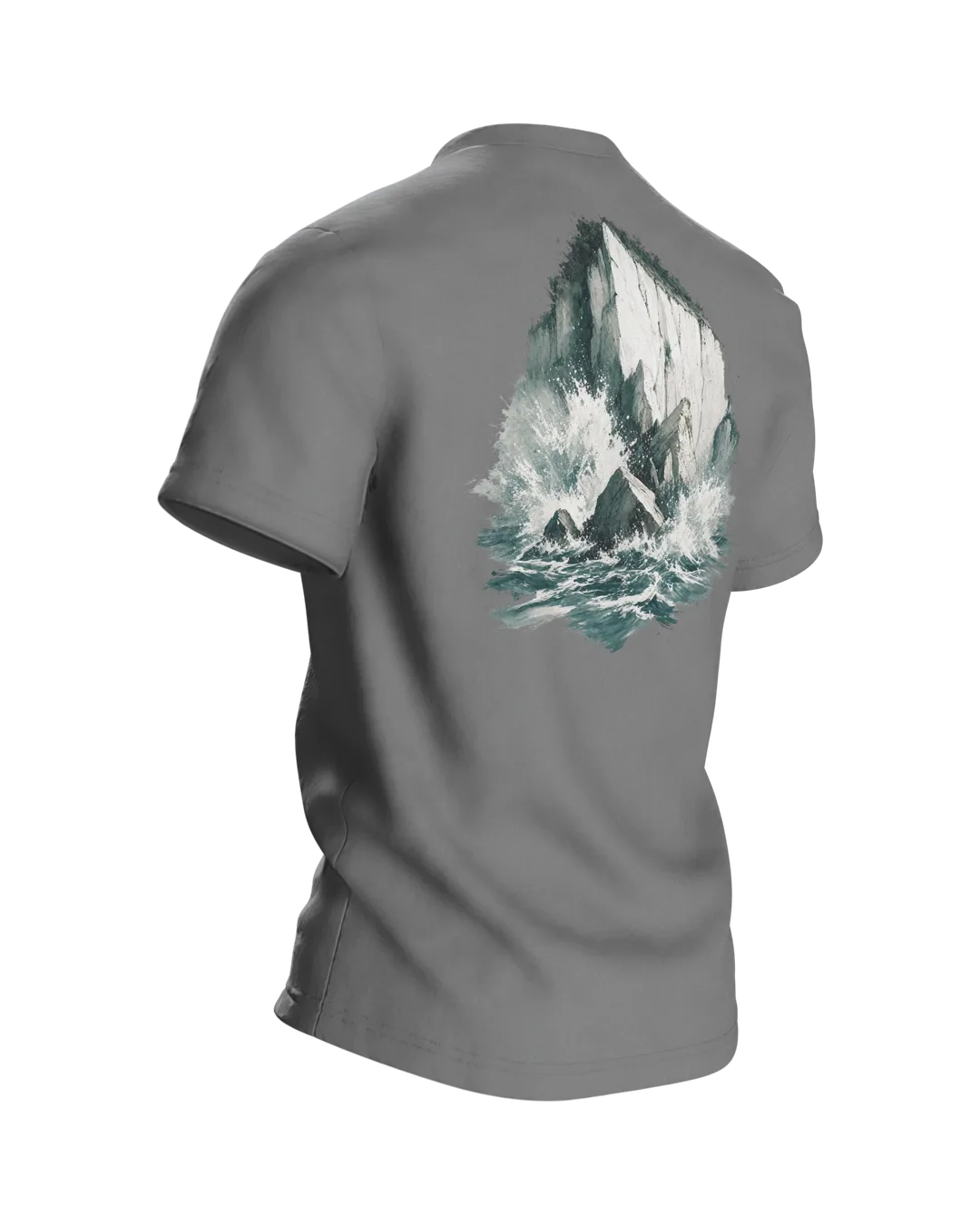 Stevns Klint T-shirt, Chalk Cliff as a Sailing Ship in Watercolor, Back, angled right