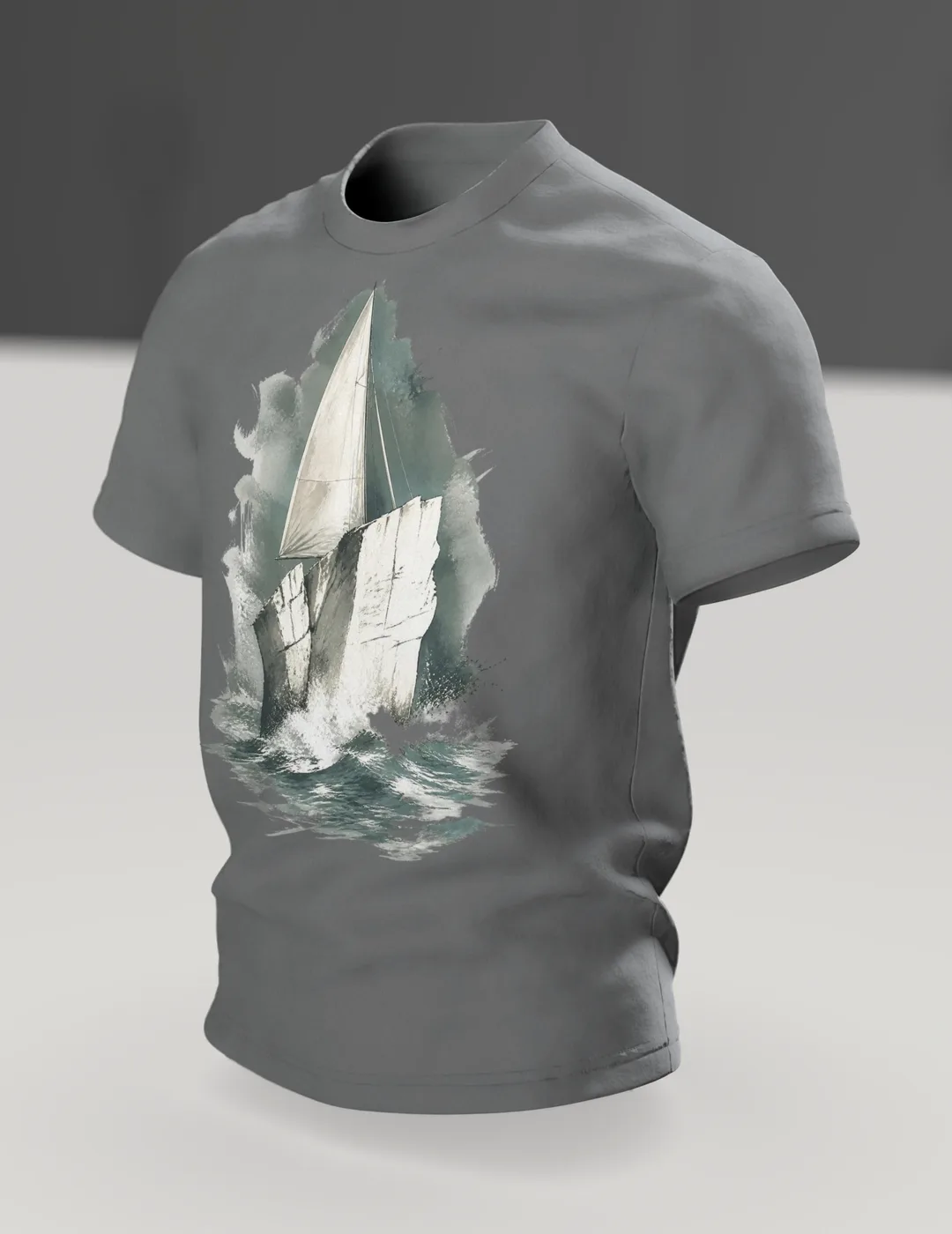 Stevns Klint T-shirt, Chalk Cliff as a Sailing Ship in Watercolor, In context, angled