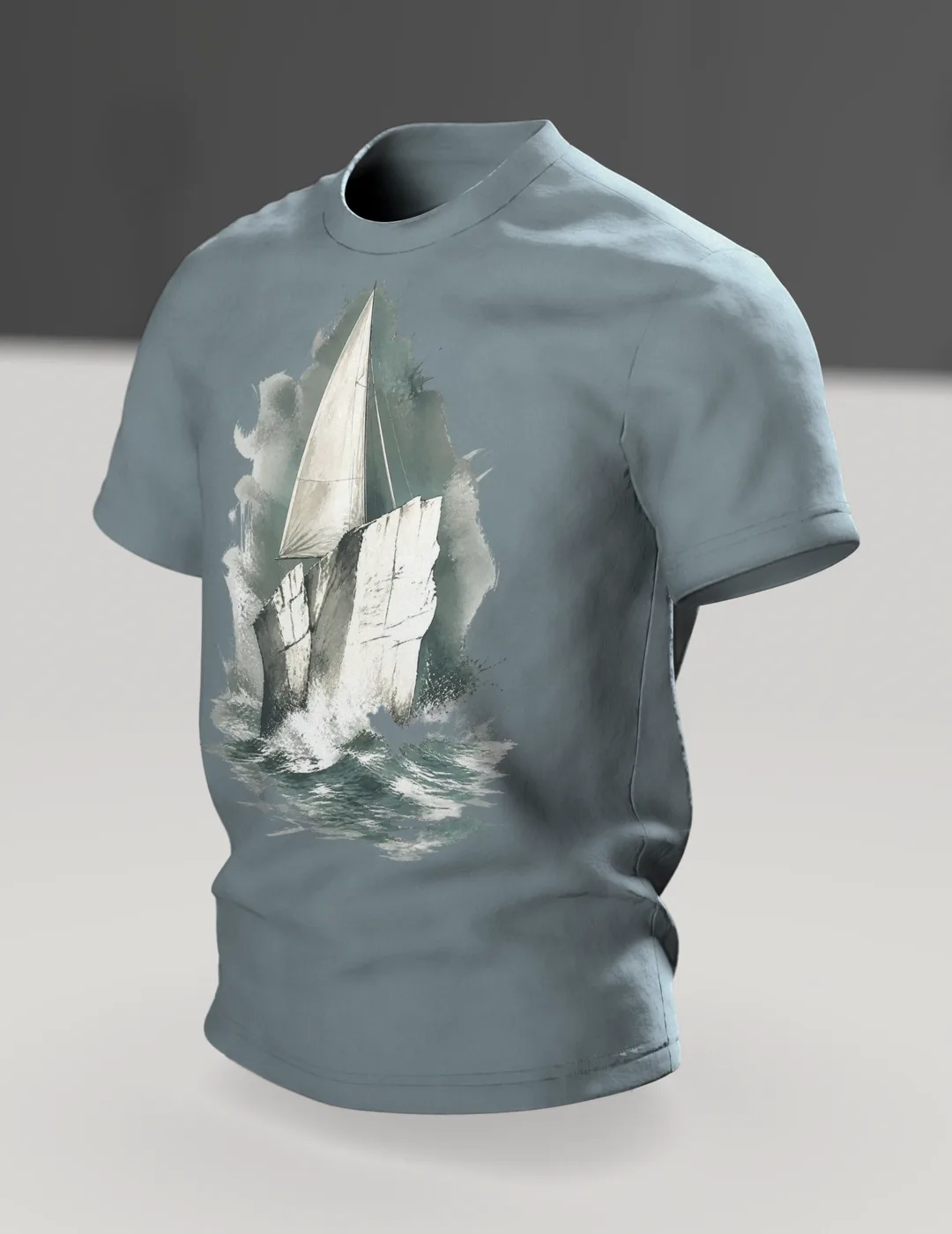 Stevns Klint T-Shirt, Kreideklippe als Segelschiff im Aquarell, Im Raum, schräg