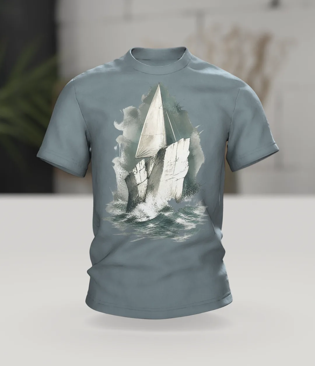 Stevns Klint T-Shirt, Kreideklippe als Segelschiff im Aquarell, Im Raum