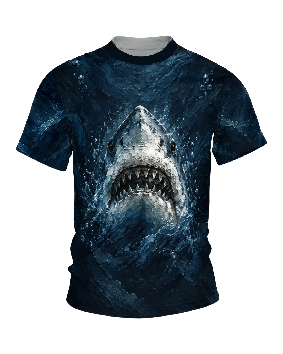 Weißer Hai Shirt: Haikopf in dicker Ölfarbe mit offenem Maul, hinten ein sinkender Haizahn, rundum bedruckt