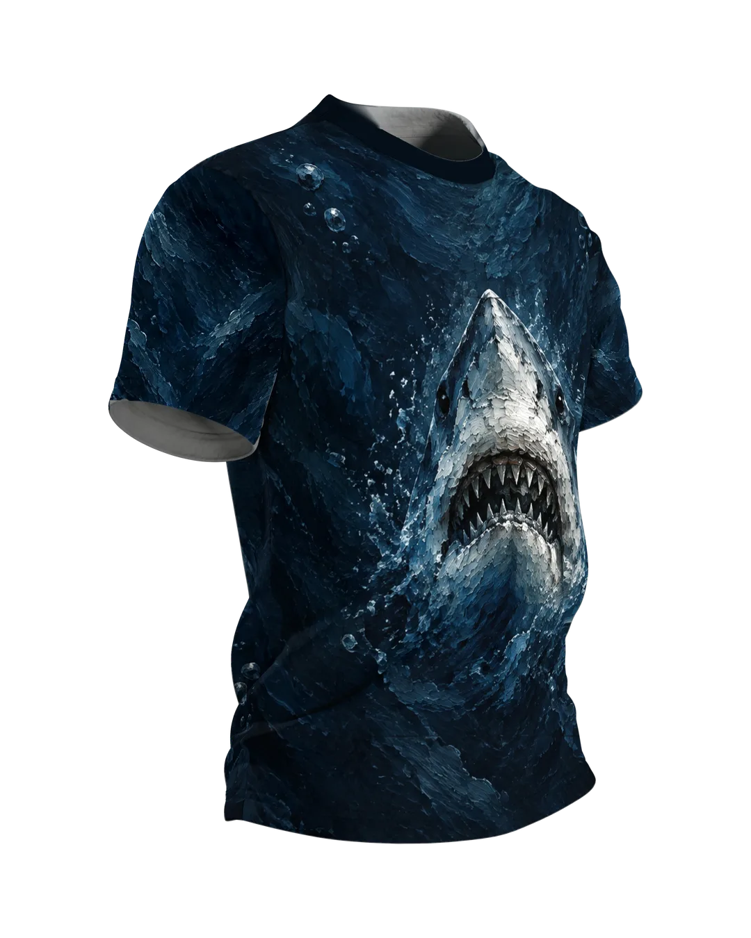 Great White Shark Shirt: shark head in thick oil paint with open mouth, a sinking shark tooth on the back, printed all over, Side view, left