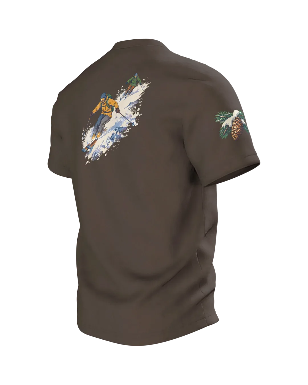 Ski Gift T-Shirt: Snowy Chalet with Wooden Skis, Back, angled left
