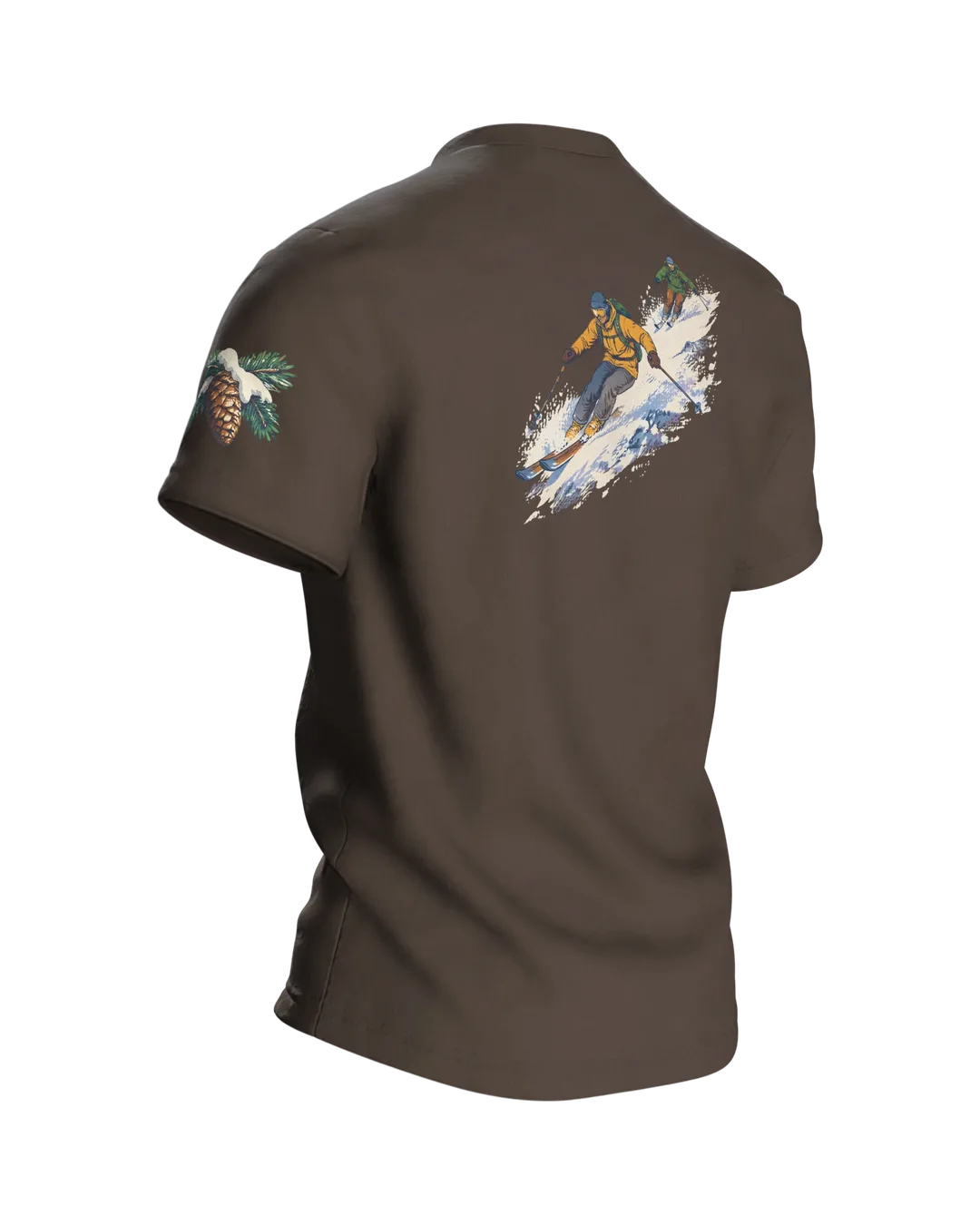 Ski Gift T-Shirt: Snowy Chalet with Wooden Skis, Back, angled right