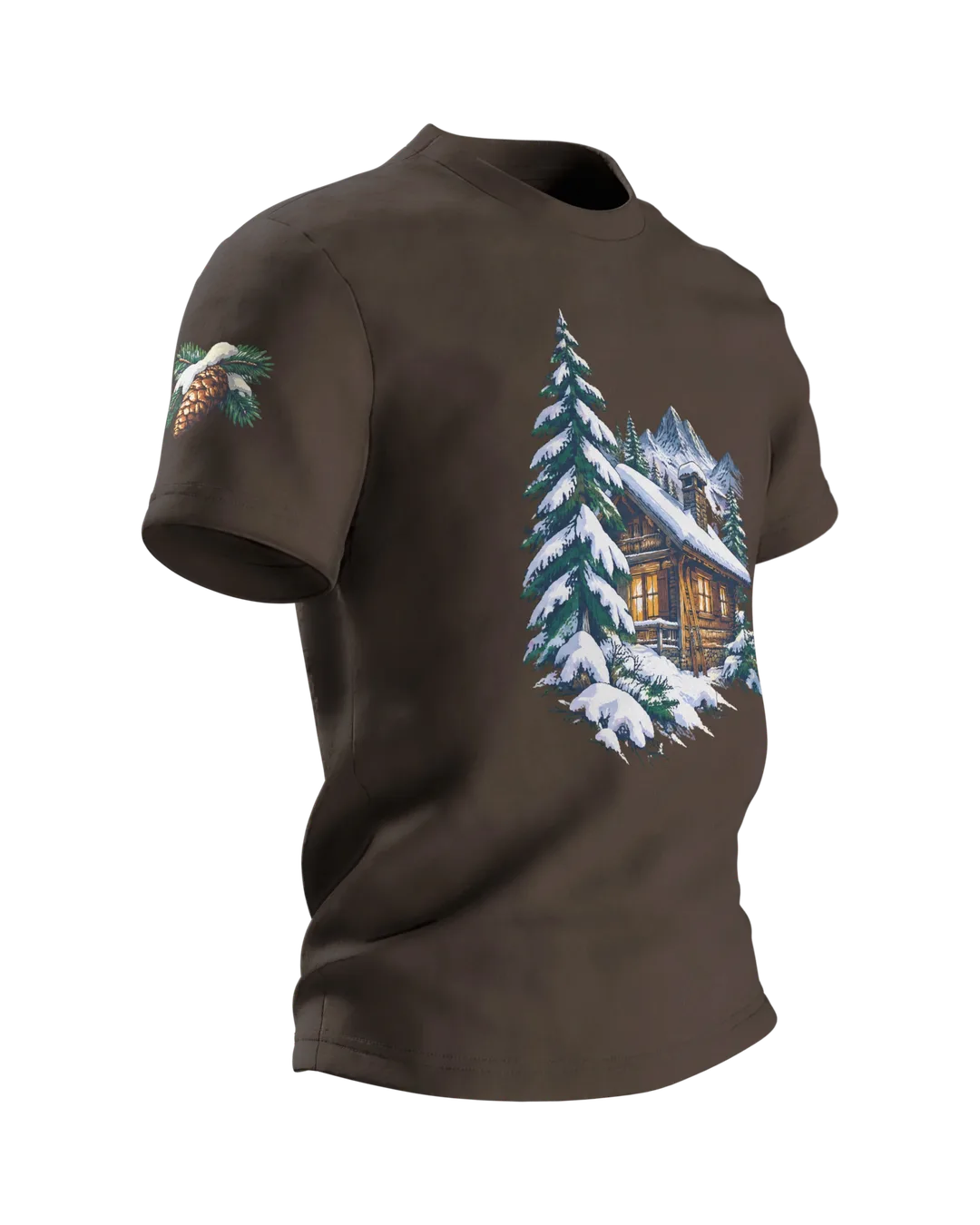 Ski Gift T-Shirt: Snowy Chalet with Wooden Skis, Side view, left