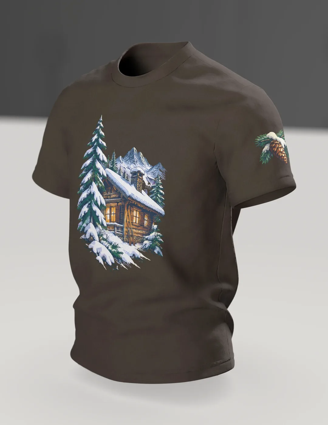 Ski Gift T-Shirt: Snowy Chalet with Wooden Skis, In context, angled