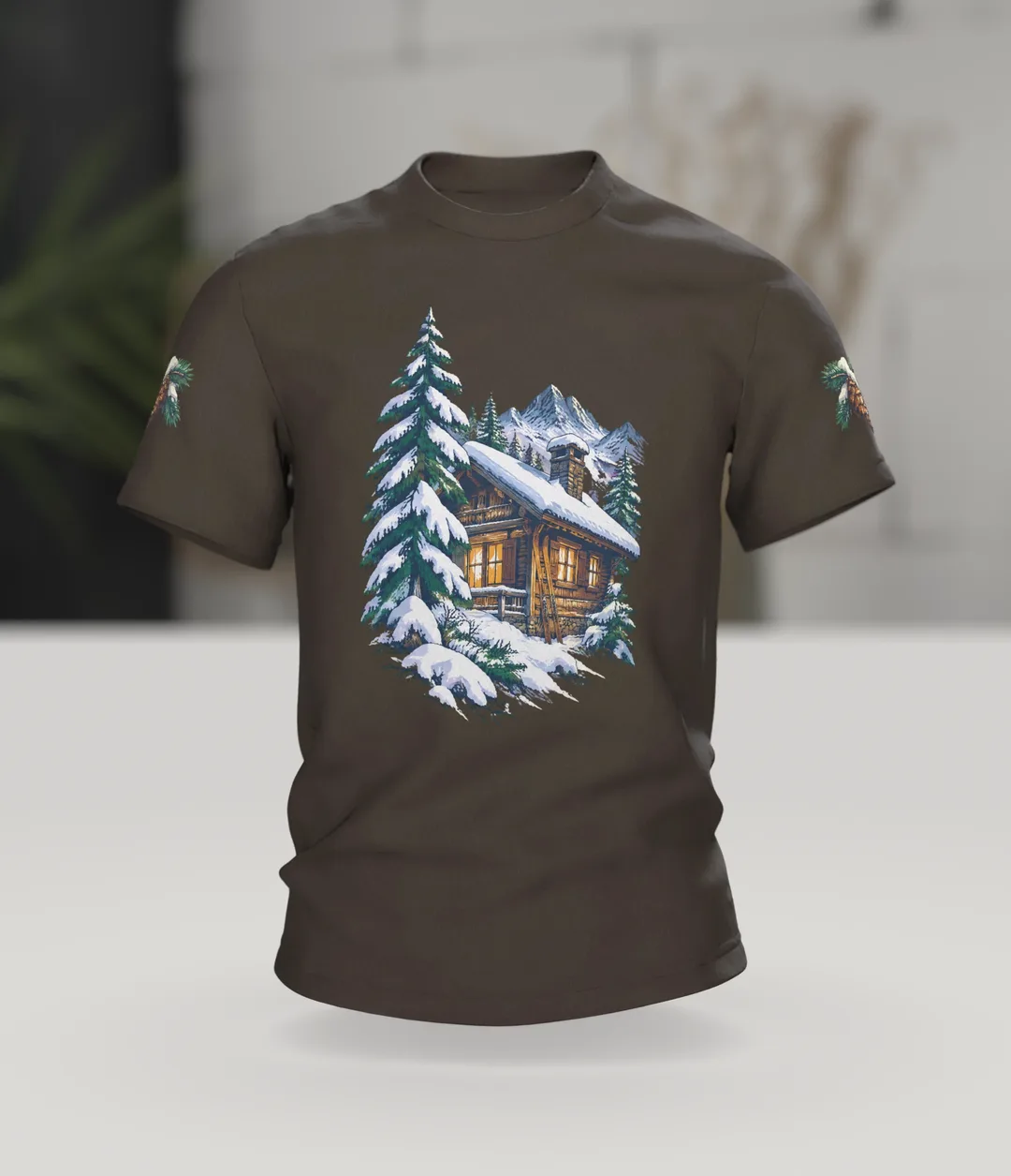 Ski Gift T-Shirt: Snowy Chalet with Wooden Skis, In context