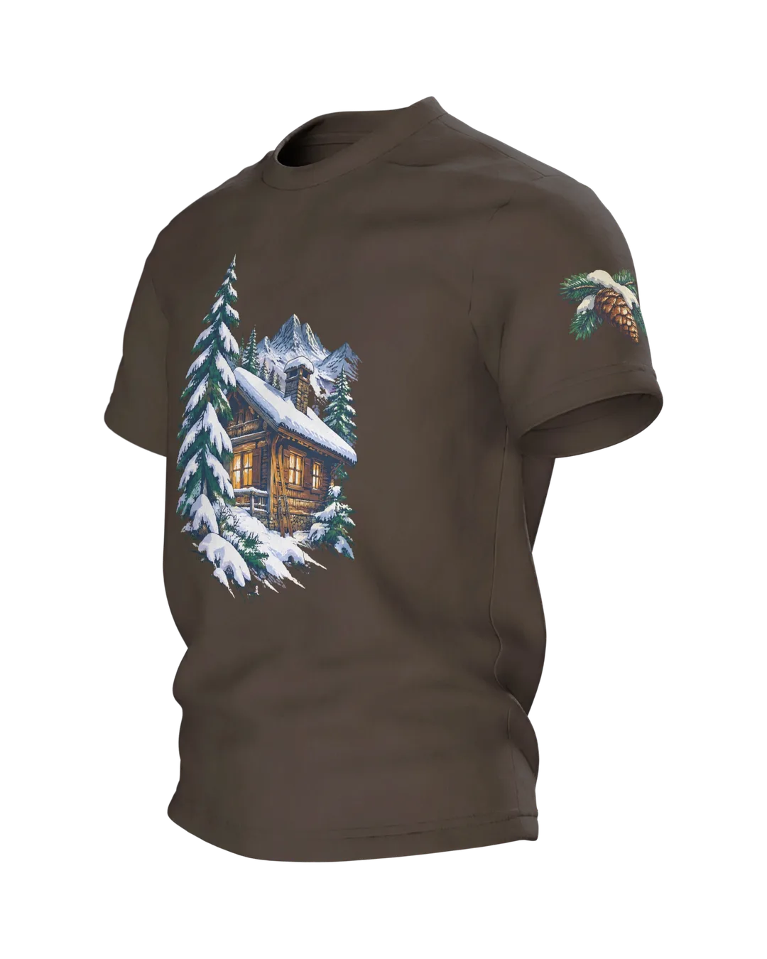 Ski Gift T-Shirt: Snowy Chalet with Wooden Skis, Side view, right
