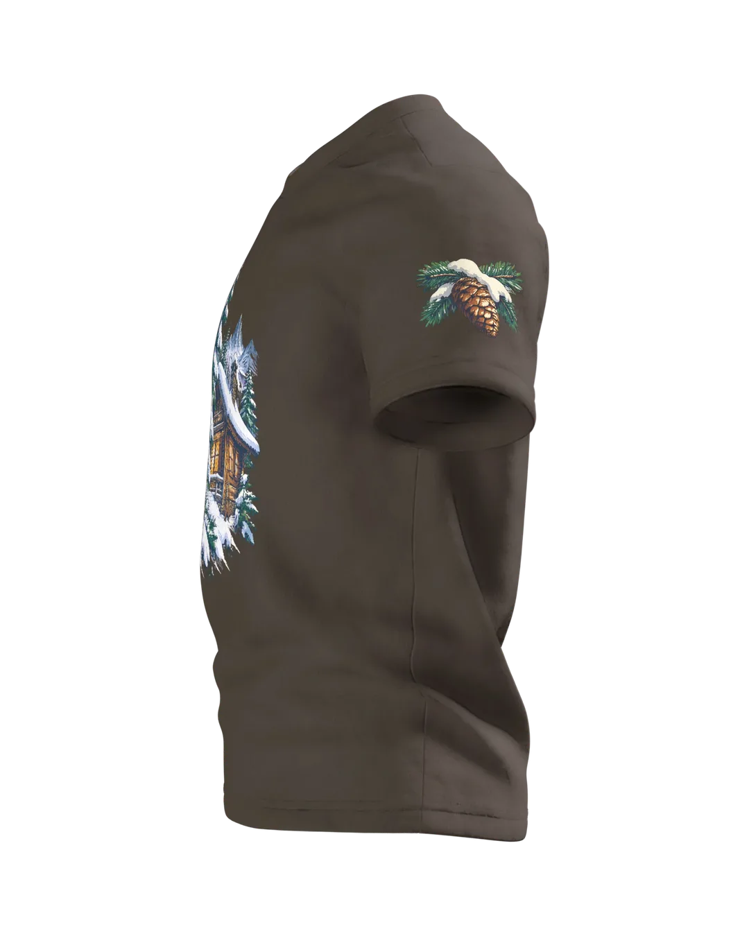Ski Gift T-Shirt: Snowy Chalet with Wooden Skis, Left sleeve