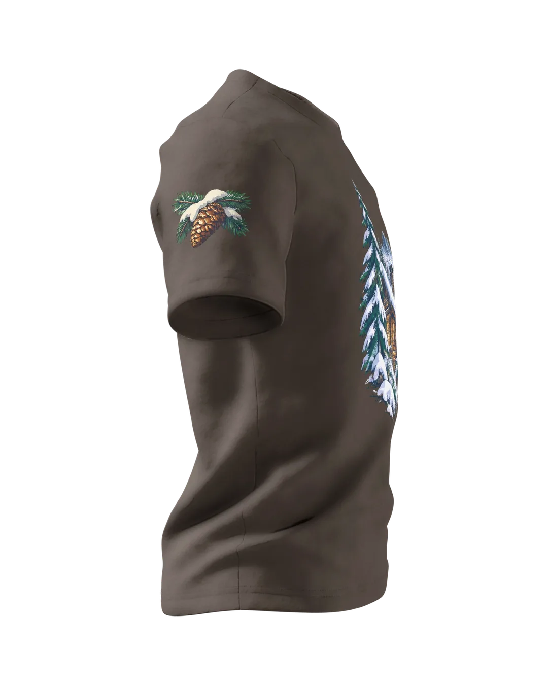 Ski Gift T-Shirt: Snowy Chalet with Wooden Skis, Right sleeve