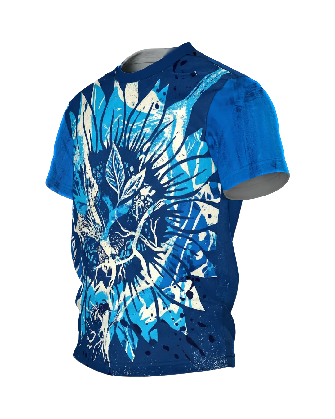 Cyanotypie Sonnenblume T-Shirt: Fotogramm in Blau und Weiß, Seitenansicht rechts