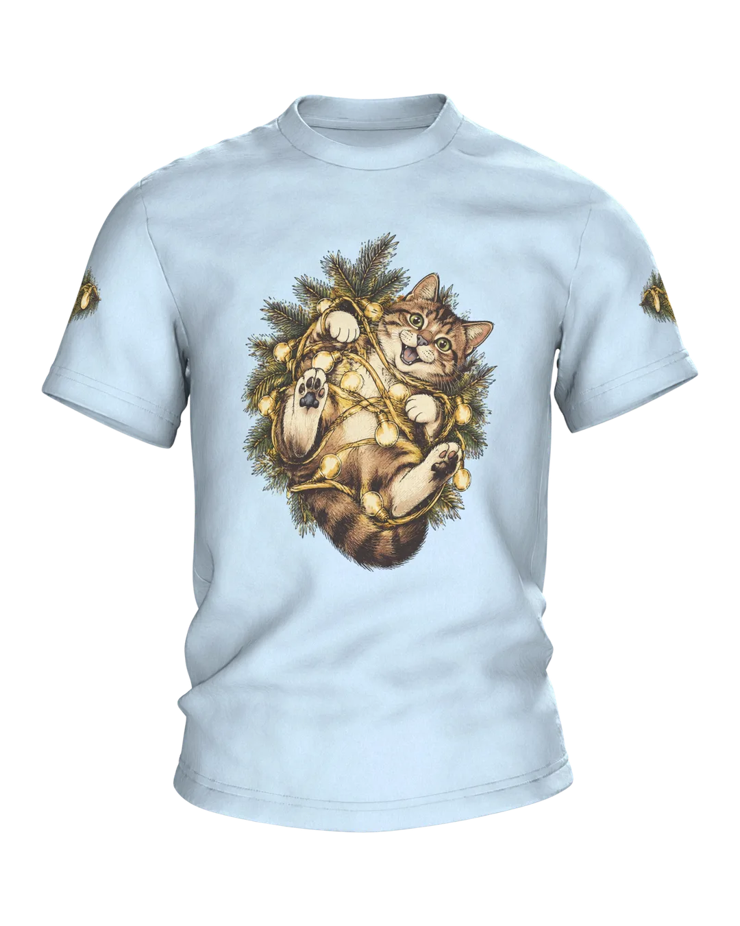 Christmas Lights Cat Shirt | Cat Tangled in Lights on the Front, Sitting Pretty on the Back, Fine Line Art in Gold and Pine Green