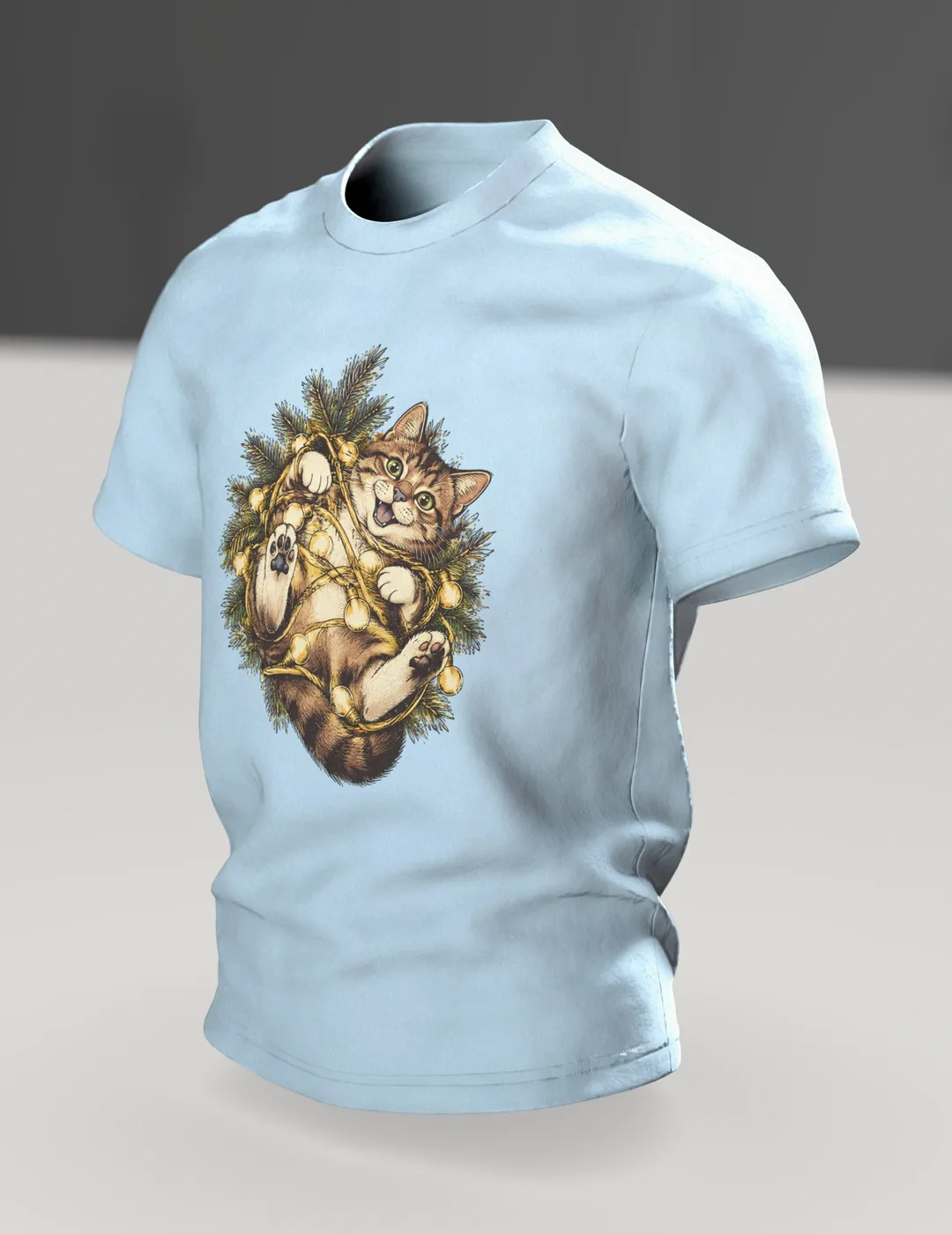Katze in der Lichterkette T-Shirt, Im Raum, schräg