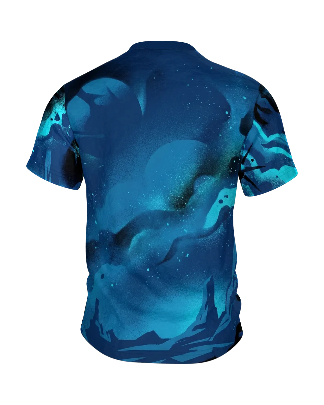 Astronaut Nebula T-shirt, astronaut on a rock ledge in front of a spray-style spiral nebula in navy blue and turquoise, Back