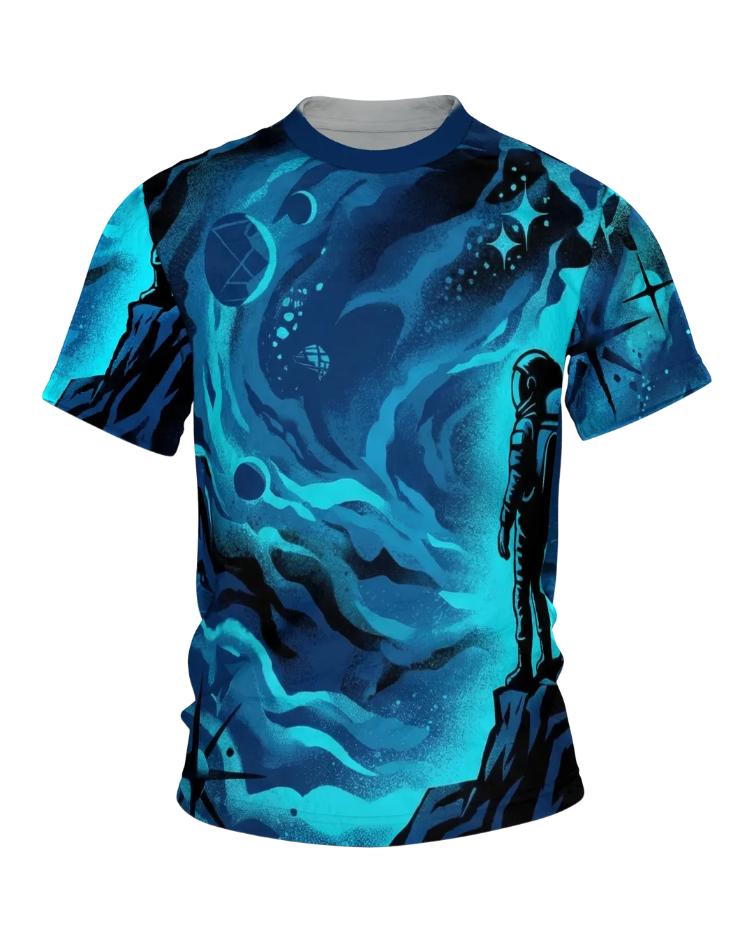 Astronaut Nebula T-shirt, astronaut on a rock ledge in front of a sprayed spiral nebula in navy blue and turquoise