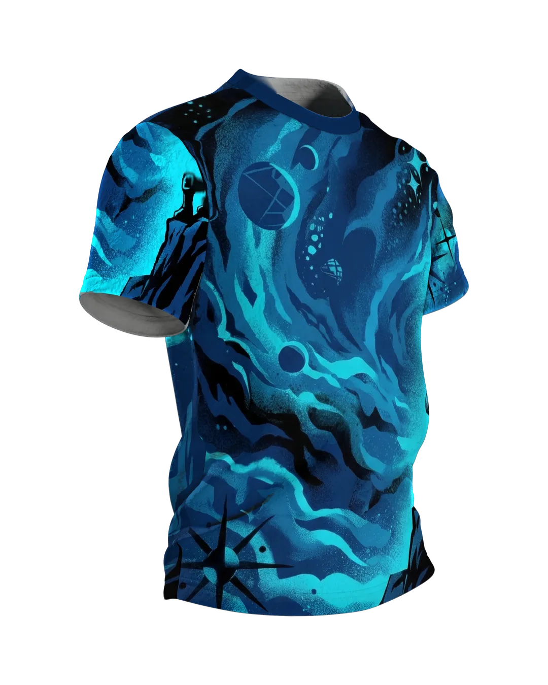 Astronaut Nebula T-shirt, astronaut on a rock ledge in front of a spray-style spiral nebula in navy blue and turquoise, Side view, left