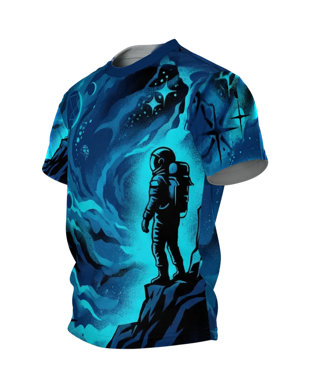 Astronaut Nebula T-shirt, astronaut on a rock ledge in front of a spray-style spiral nebula in navy blue and turquoise, Side view, right