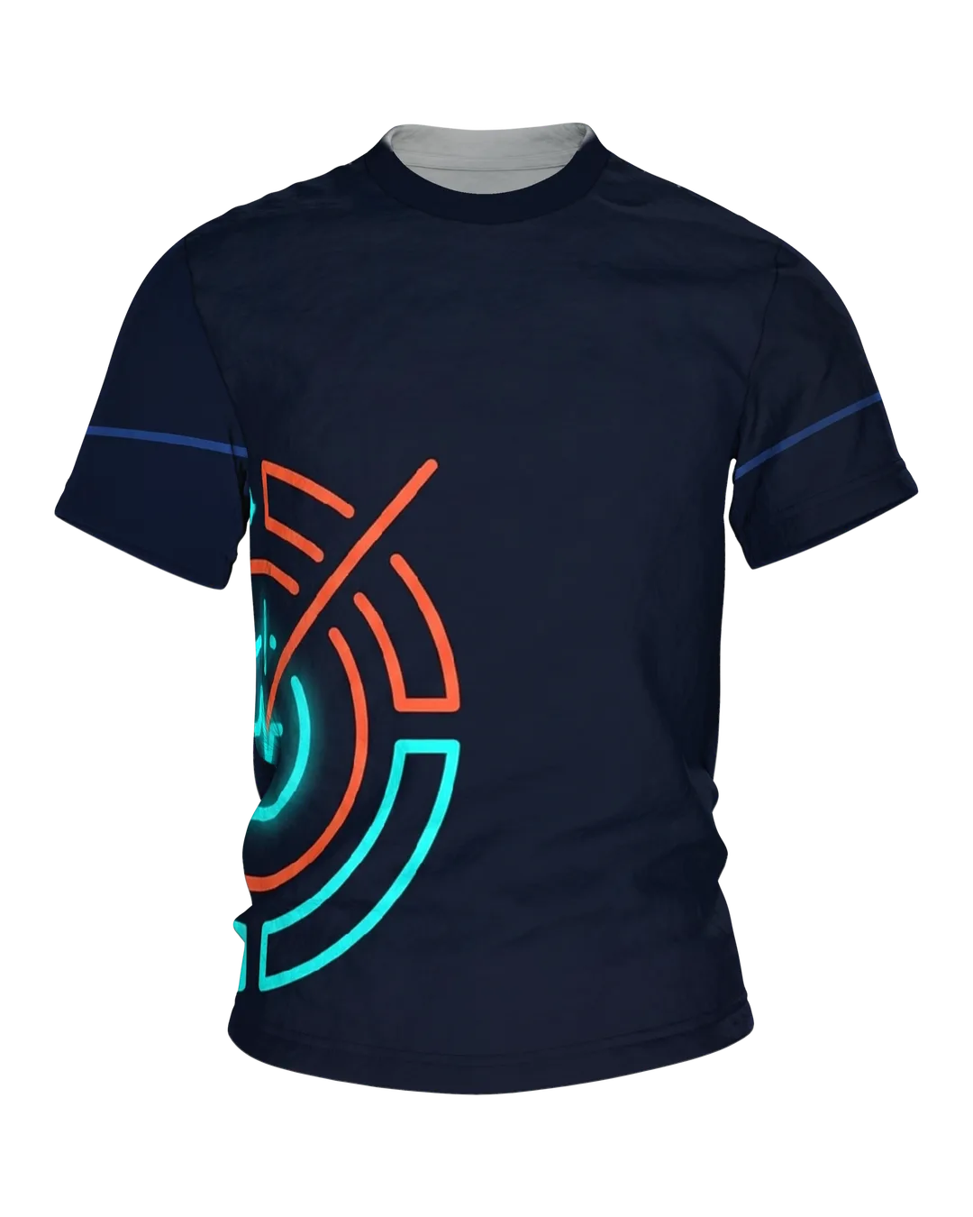 Neon Interval Timer T-shirt, Glowing Ring with Pulse Line at Lower Left, Emblem at the Nape