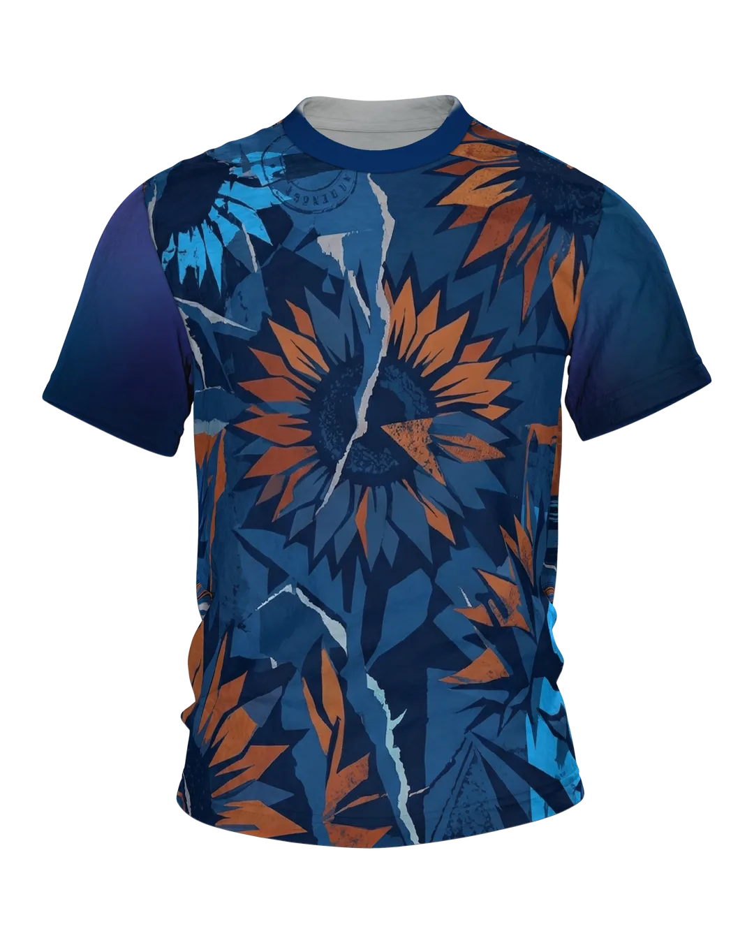 Abstract Sunflower T-shirt: Paper Collage in Blue and Orange