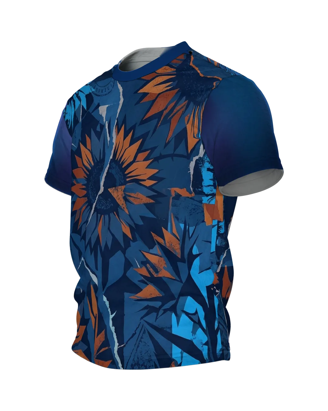 Abstrakte Sonnenblume T-Shirt: Papier-Collage in Blau und Orange, Seitenansicht rechts