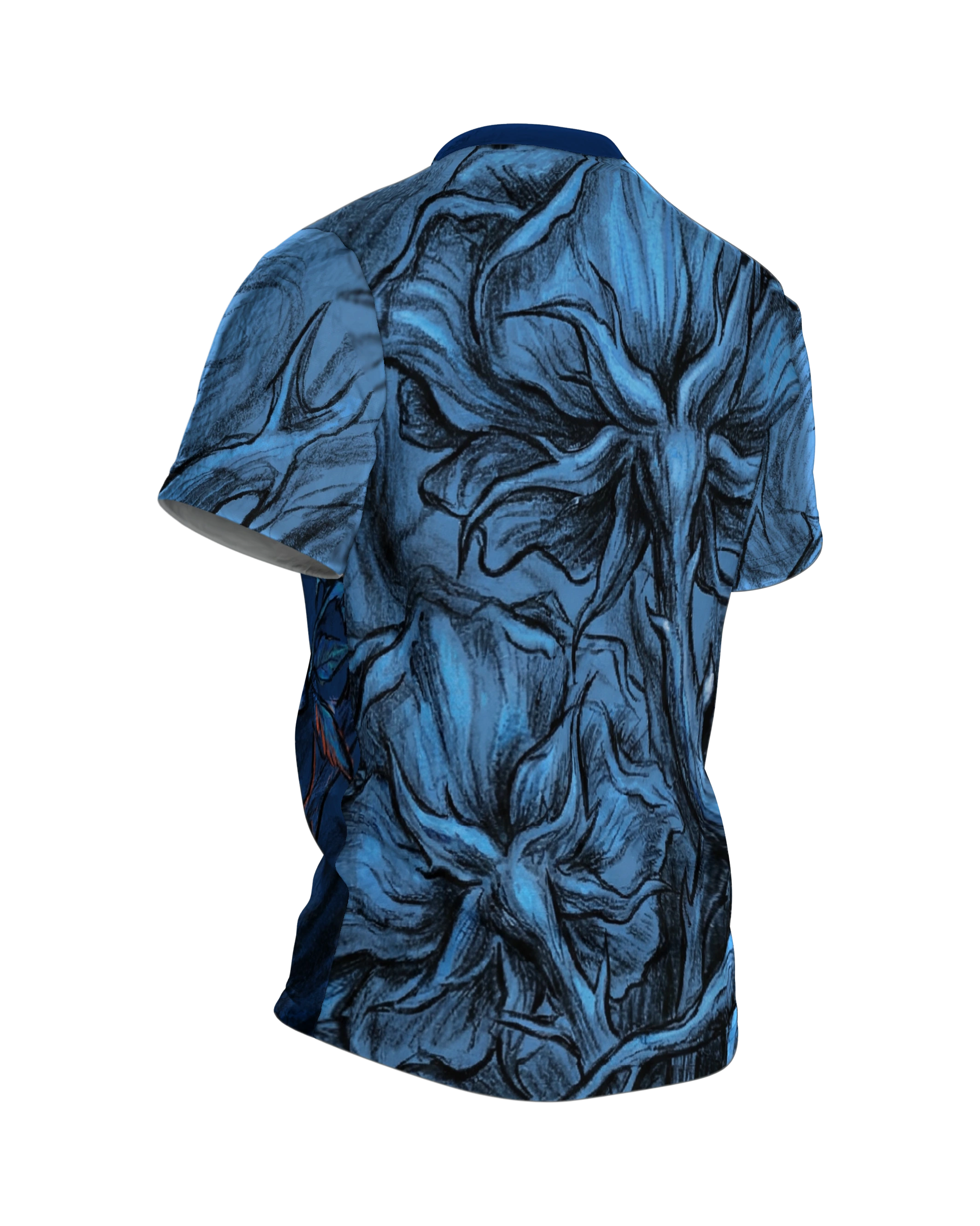 Rosen Dornen T-Shirt, Indigo-Blüten in Kreide-Optik und Blick von unten am Rücken, Rückseite schräg rechts