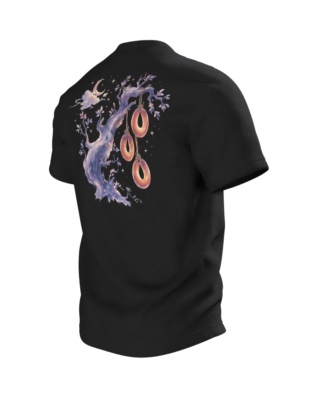 Sausage Tree Fairy Tale T-shirt, Watercolor Tree with Sausage Rings under Moon and Stars, Back, angled left