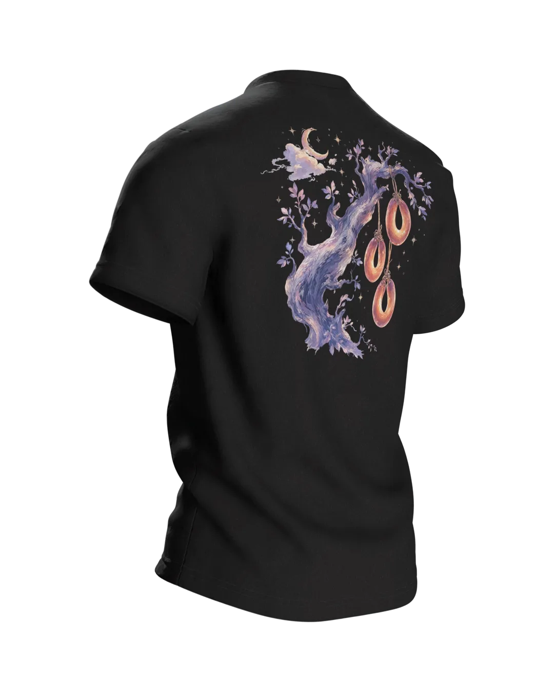 Sausage Tree Fairy Tale T-shirt, Watercolor Tree with Sausage Rings under Moon and Stars, Back, angled right