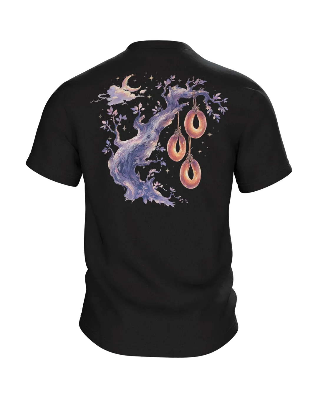Sausage Tree Fairy Tale T-shirt, Watercolor Tree with Sausage Rings under Moon and Stars, Back