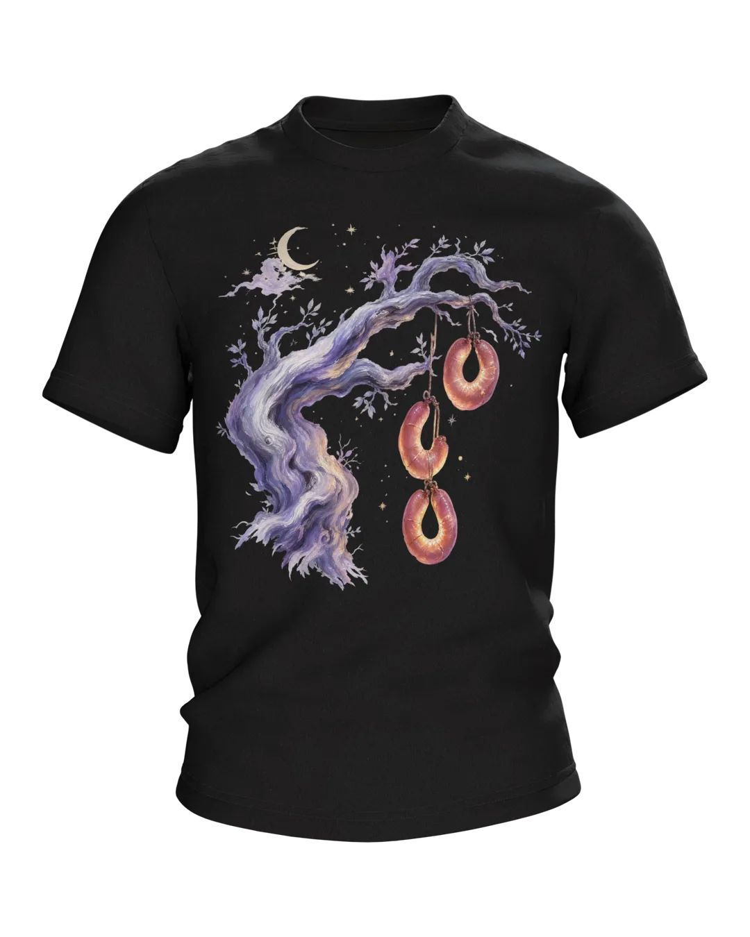 Sausage Tree Fairy Tale T-shirt, Watercolor Tree with Sausage Rings under Moon and Stars