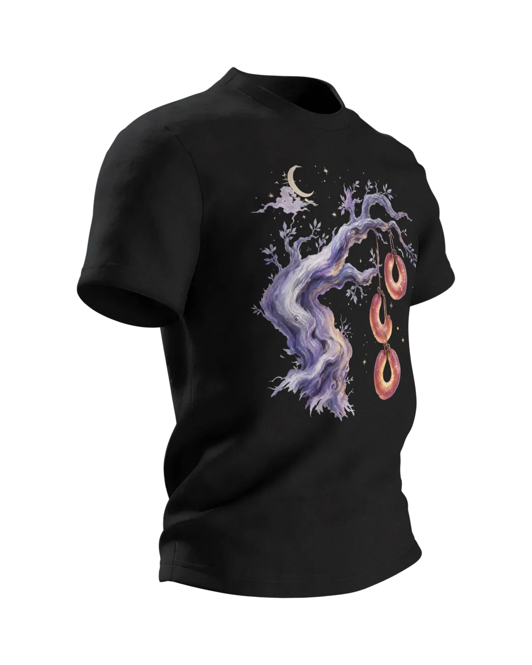 Sausage Tree Fairy Tale T-shirt, Watercolor Tree with Sausage Rings under Moon and Stars, Side view, left