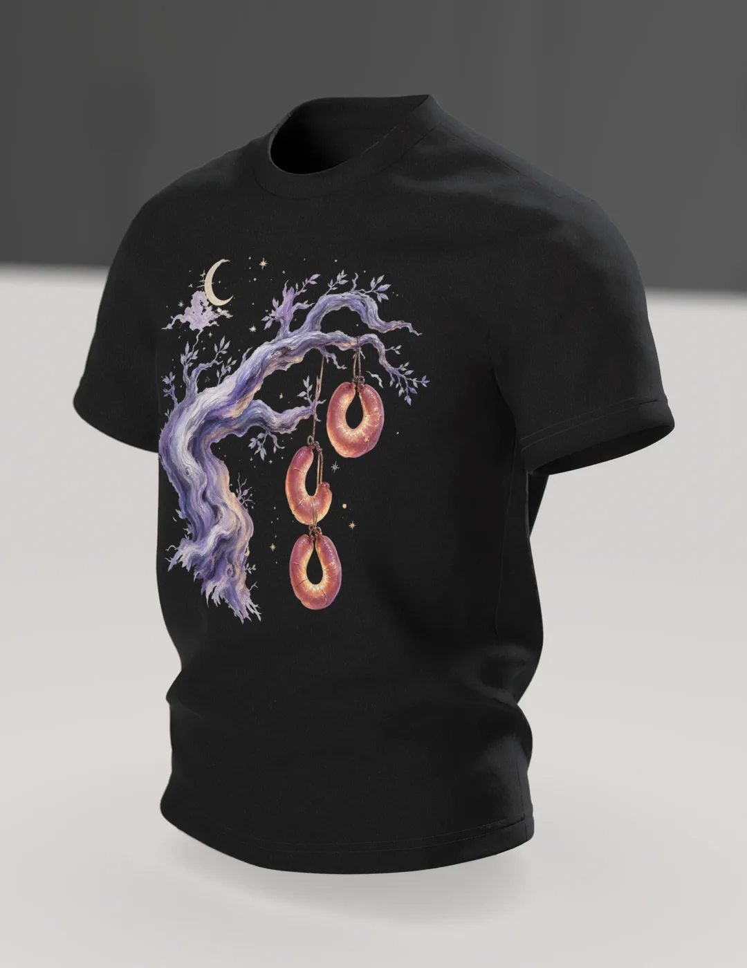 Sausage Tree Fairy Tale T-shirt, Watercolor Tree with Sausage Rings under Moon and Stars, In context, angled