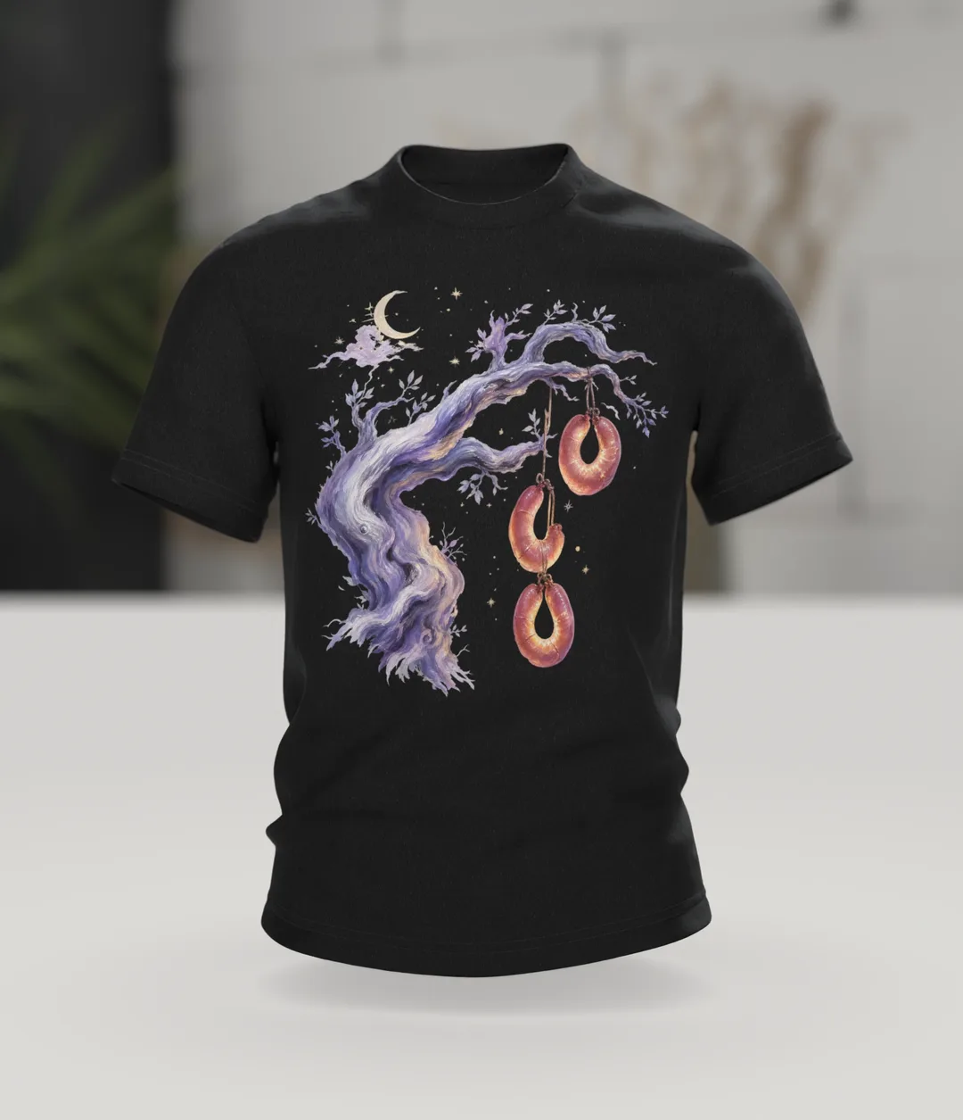 Sausage Tree Fairy Tale T-shirt, Watercolor Tree with Sausage Rings under Moon and Stars, In context