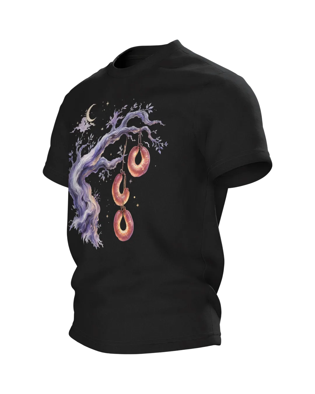 Sausage Tree Fairy Tale T-shirt, Watercolor Tree with Sausage Rings under Moon and Stars, Side view, right