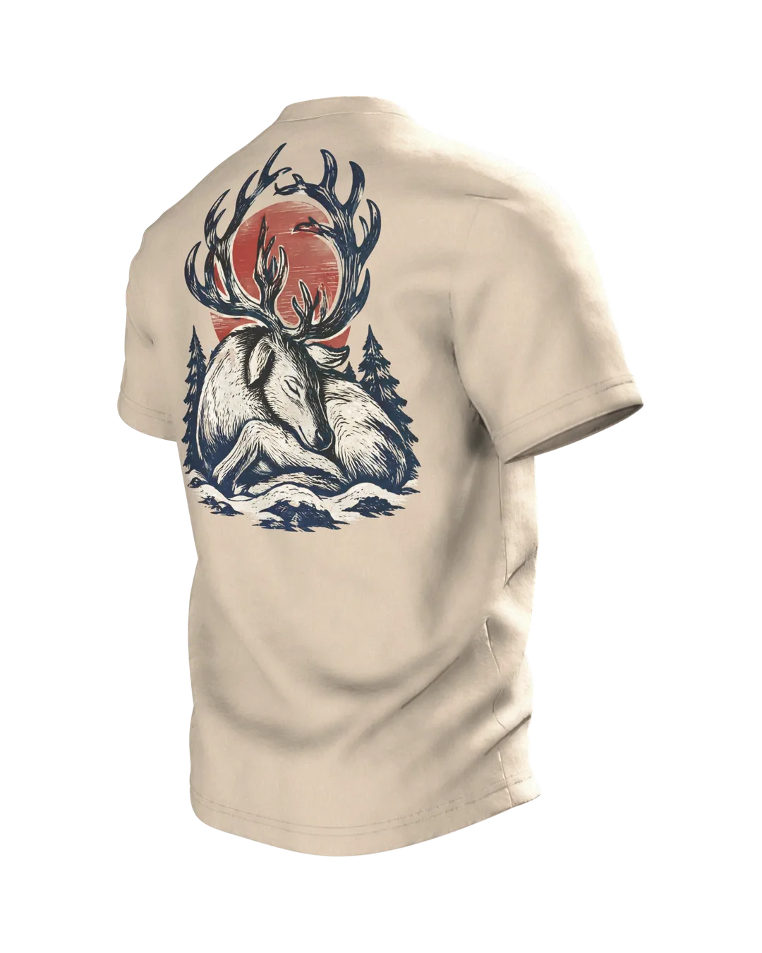 Rentier im japanischen Holzschnitt-Stil, T-Shirt mit Druck vorn, hinten und auf beiden Ärmeln, Rückseite schräg links
