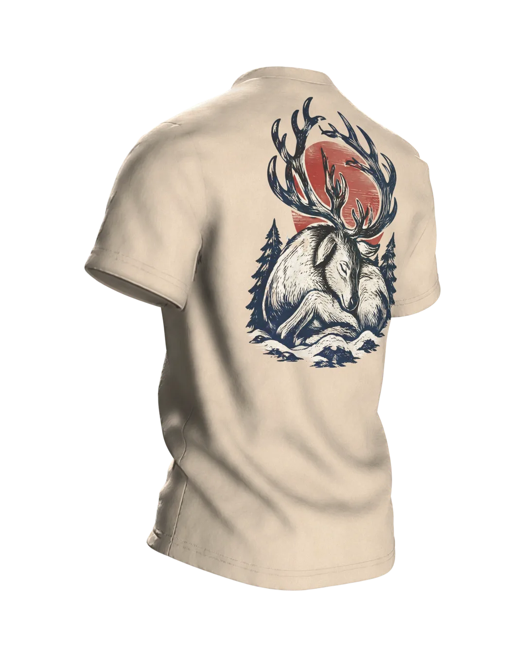 Rentier im japanischen Holzschnitt-Stil, T-Shirt mit Druck vorn, hinten und auf beiden Ärmeln, Rückseite schräg rechts