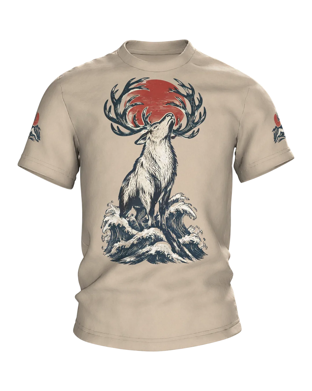 Reindeer in Japanese Woodblock Style, T-Shirt Printed Front and Back