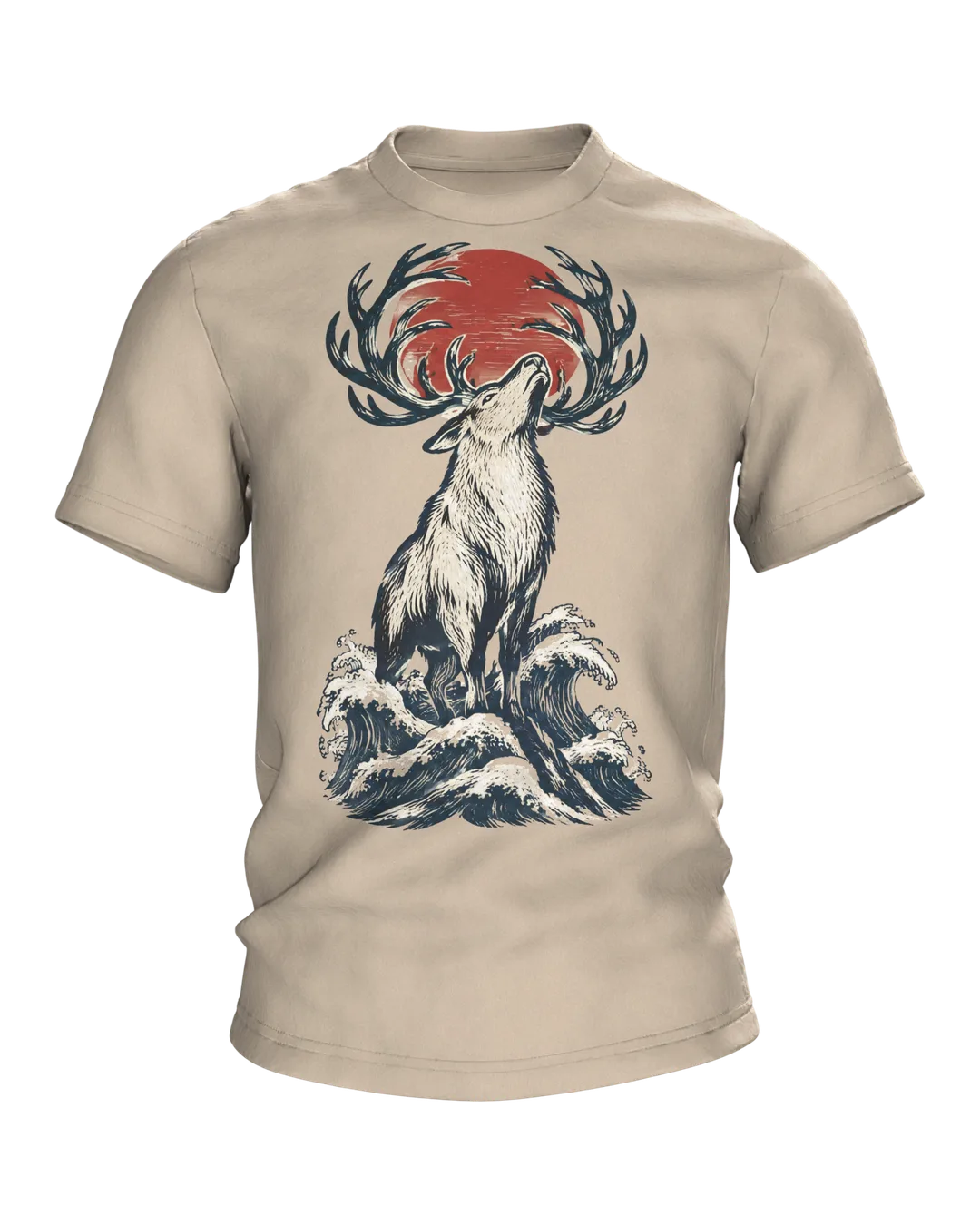 Reindeer in Japanese Woodblock Style, T-Shirt Printed Front and Back