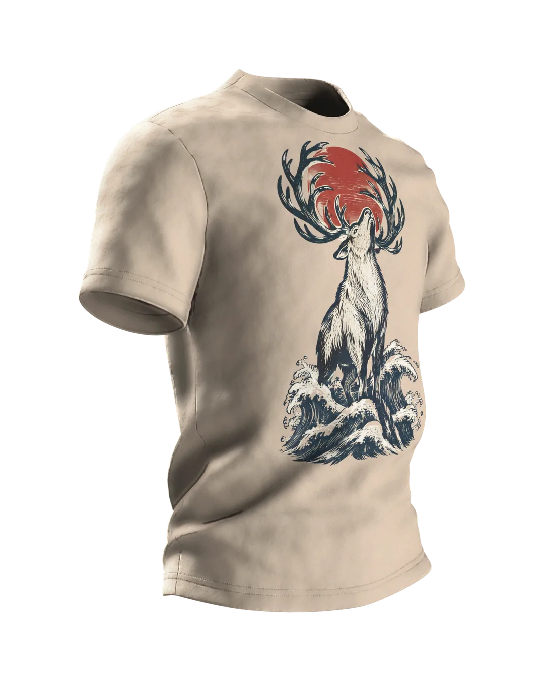 Rentier im japanischen Holzschnitt-Stil, T-Shirt mit Druck vorn, hinten und auf beiden Ärmeln, Seitenansicht links