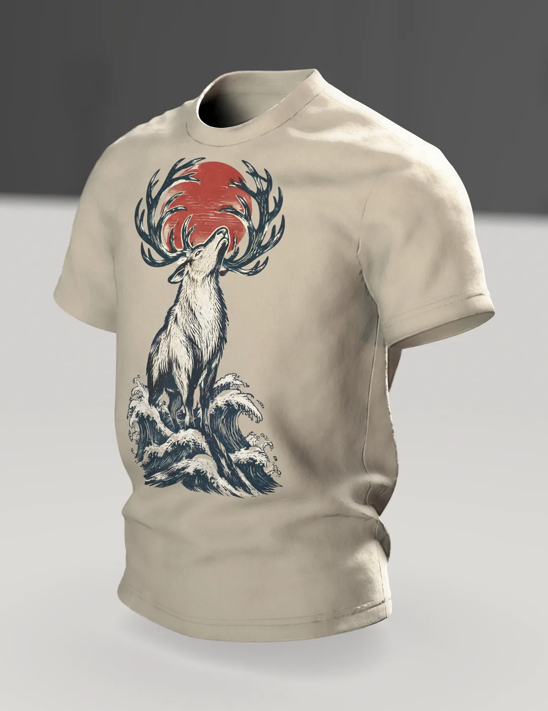 Rentier im japanischen Holzschnitt-Stil, T-Shirt mit Druck vorn, hinten und auf beiden Ärmeln, Im Raum, schräg