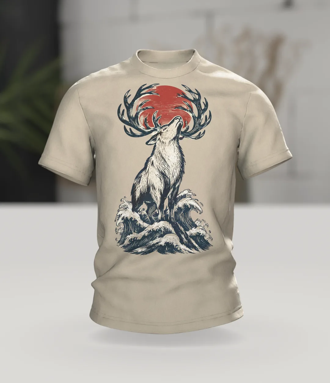 Rentier im japanischen Holzschnitt-Stil, T-Shirt mit Druck vorn, hinten und auf beiden Ärmeln, Im Raum